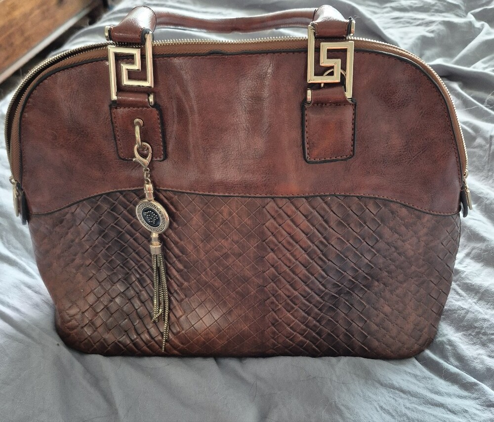 Woven Brown Satchel Handbag with Tassel Charm